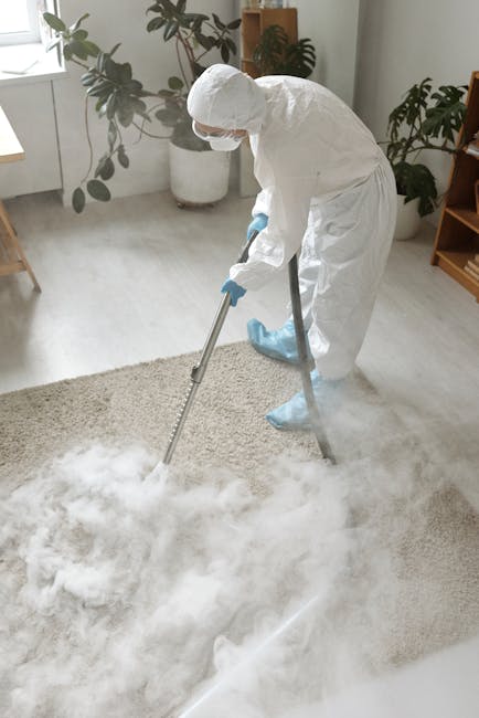 A professional in full protective gear, including a white suit, gloves, and a mask, is using a steam cleaning machine on a beige, textured carpet in a bright living room. The room features natural light coming through large windows, potted plants on the windowsill and near the corner, and wooden furniture, including a small side table. The carpet appears damp and being deep cleaned, with steam or cleaning solution visible. The environment emphasizes thorough carpet surface cleaning, with emphasis on hygiene and maintenance, as part of professional domestic cleaning services offered by GreenwichCarpetCleaning.co.uk, aligning with tips on avoiding common carpet cleaning mistakes in Greenwich homes.