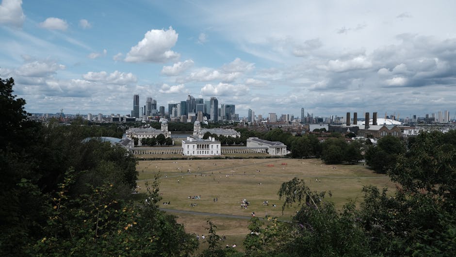A wide view of Greenwich Park in London showing a large grassy area with scattered visitors, surrounded by trees in the foreground. Beyond the park, the city skyline features modern high-rise buildings and skyscrapers under a partly cloudy sky. The scene is well-lit with natural daylight, highlighting the greenery and urban landscape, reflecting a clean and maintained outdoor space, with no visible signs of dirt or clutter. Greenwich Carpet Cleaning emphasizes the importance of regular surface cleaning and maintenance in both residential and commercial environments to ensure hygiene and a healthy living or working space.